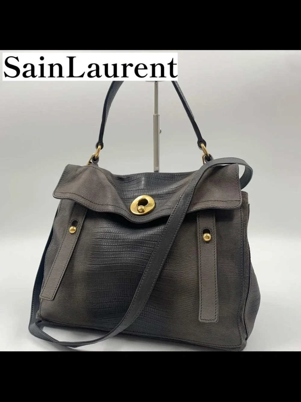 Saint Laurent Dark Gray Textured Leather Shoulder Bag with Gold Hardware